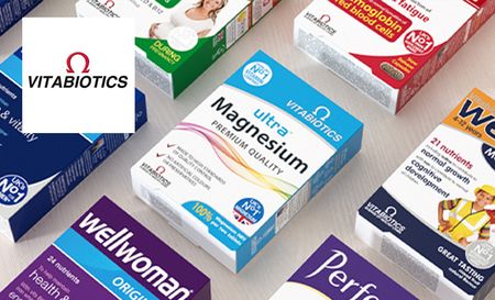 Vitabiotics logo top left with a selection of vitamins