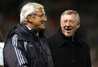 Sir Alex Ferguson shares a joke with Marcello Lippi ahead of a charity match in March 2007.