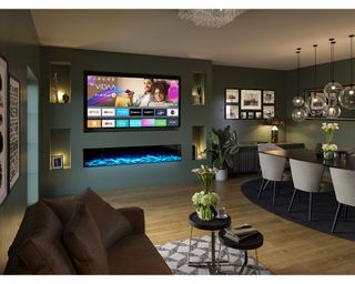 media wall within a living and dining room