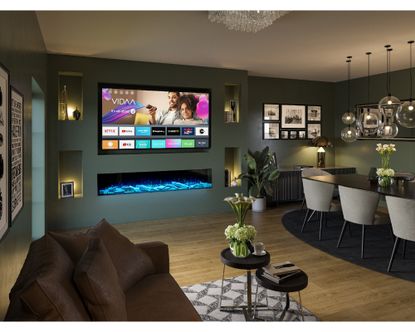 media wall within a living and dining room 