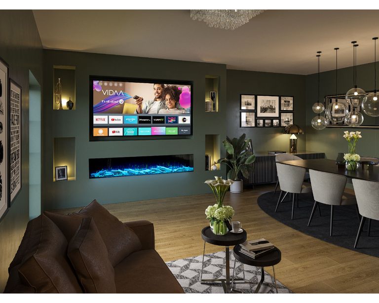 media wall within a living and dining room 