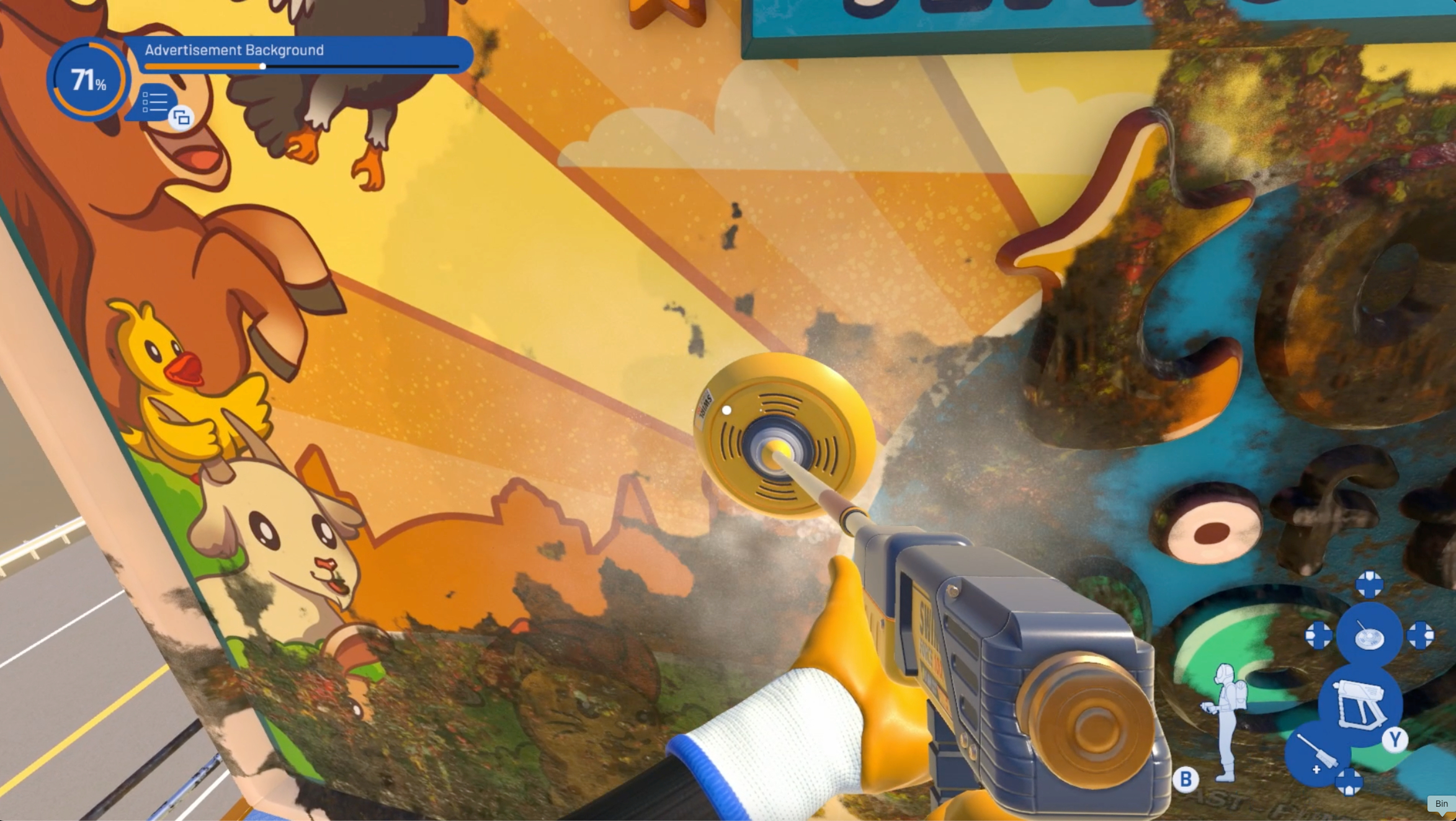 PowerWash Simulator 2 gameplay of the surface cleaner being used on the game&#039;s billboard level, with grime being cleaned away to reveal a cartoonish yellow and orange advert