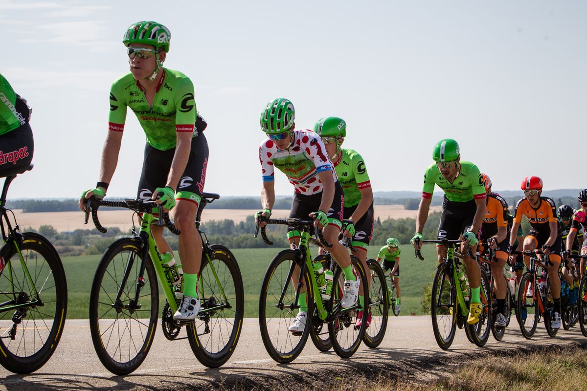 Cannondale-Drapac's Lawson Cradock and Tom-Jelte Slagter ride ahead of Wouter Wippert