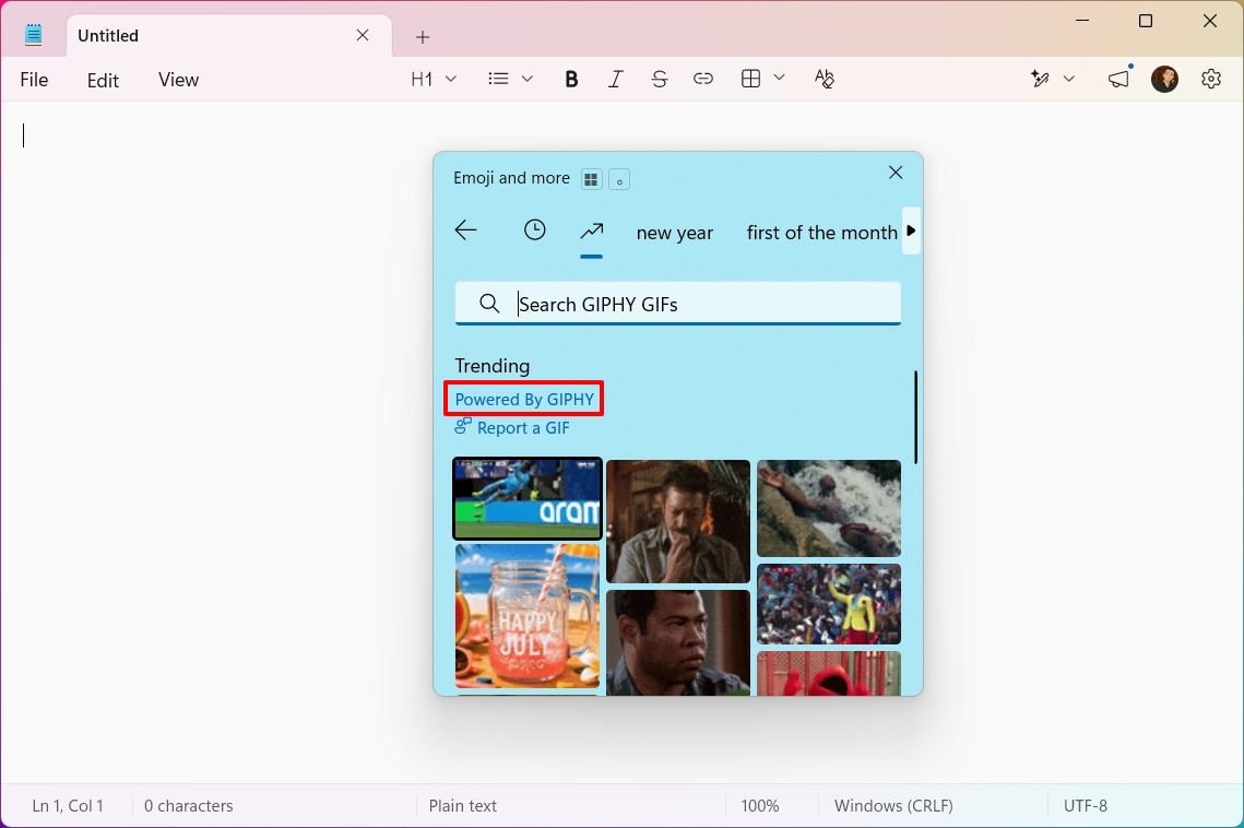 Notepad with emoji panel overlay showing GIFs.