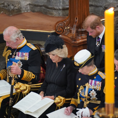 King Charles III, Camilla, Queen Consort, Princess Anne, Princess Royal, Prince Harry, Duke of Sussex and Meghan, Duchess of Sussex, during the State Funeral of Queen Elizabeth II