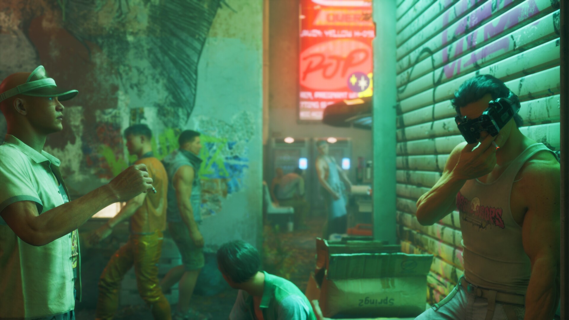 No Law screenshot showing a character leaning against a graffiti-covered shutter while smoking, in a dingy green-lit alleyway