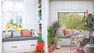 two window seats with built in storage to show examples of how to organize a small space