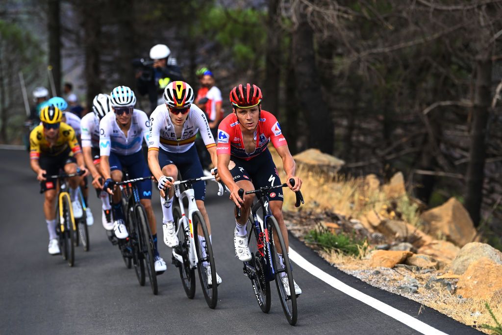 ESTEPONA SPAIN SEPTEMBER 01 Remco Evenepoel of Belgium and Team QuickStep Alpha Vinyl Red Leader Jersey leads the group of favourites with Miguel ngel Lpez Moreno of Colombia and Team Astana Qazaqstan Primoz Roglic of Slovenia and Team Jumbo Visma Juan Ayuso Pesquera of Spain and UAE Team Emirates White Best Young Rider Jersey Enric Mas Nicolau of Spain and Movistar Team and Carlos Rodriguez Cano of Spain and Team INEOS Grenadiers during the 77th Tour of Spain 2022 Stage 12 a 1927km stage from Salobrea Peas Blancas Estepona 1260m LaVuelta22 WorldTour on September 01 2022 in Estepona Spain Photo by Tim de WaeleGetty Images