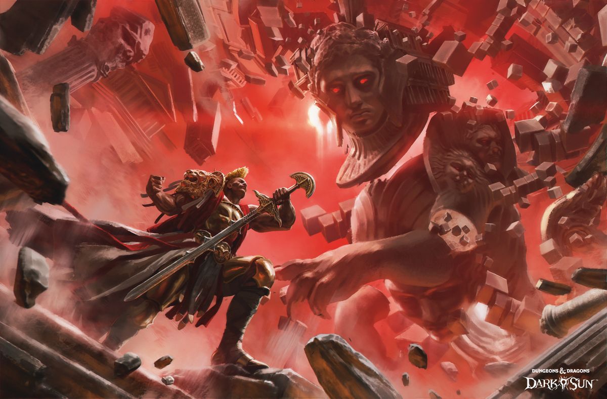 A giant stone statue fights a sword-weilding warrior in a red, confusing landscape