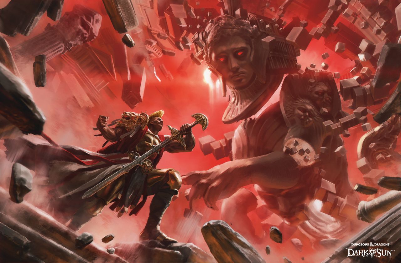 A giant stone statue fights a sword-weilding warrior in a red, confusing landscape