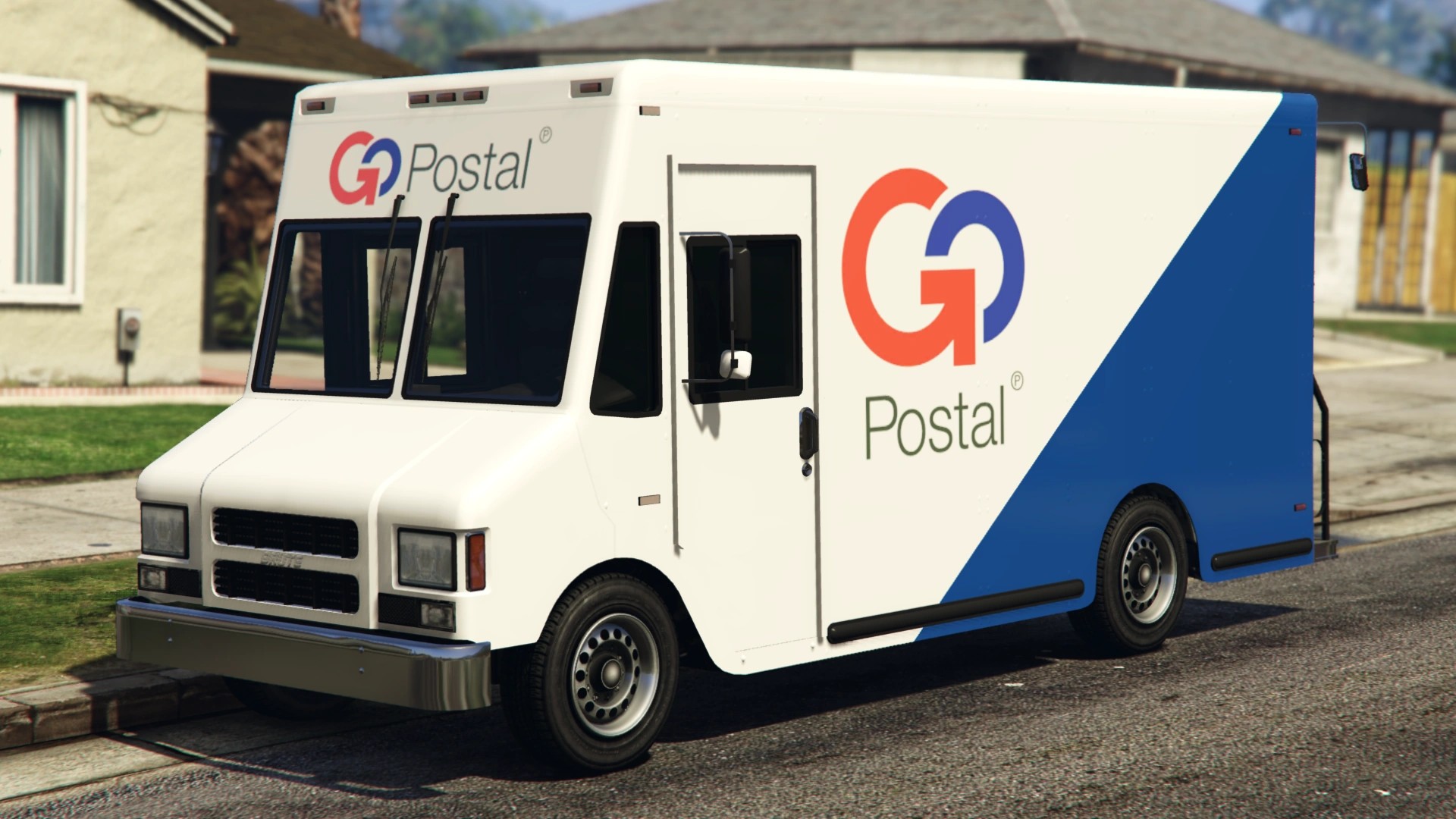 A postal truck from GTA, parked on a street in a screenshot