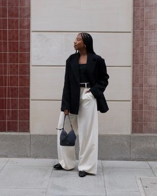 Influencer wish list 2025: @taffymsipa wears a blazer and wide-leg trousers