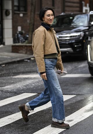 Eva Chen wearing a cropped Carhartt barn jacket