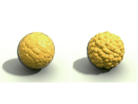 Ball with bump mapping (left) and with displacement mapping (right).