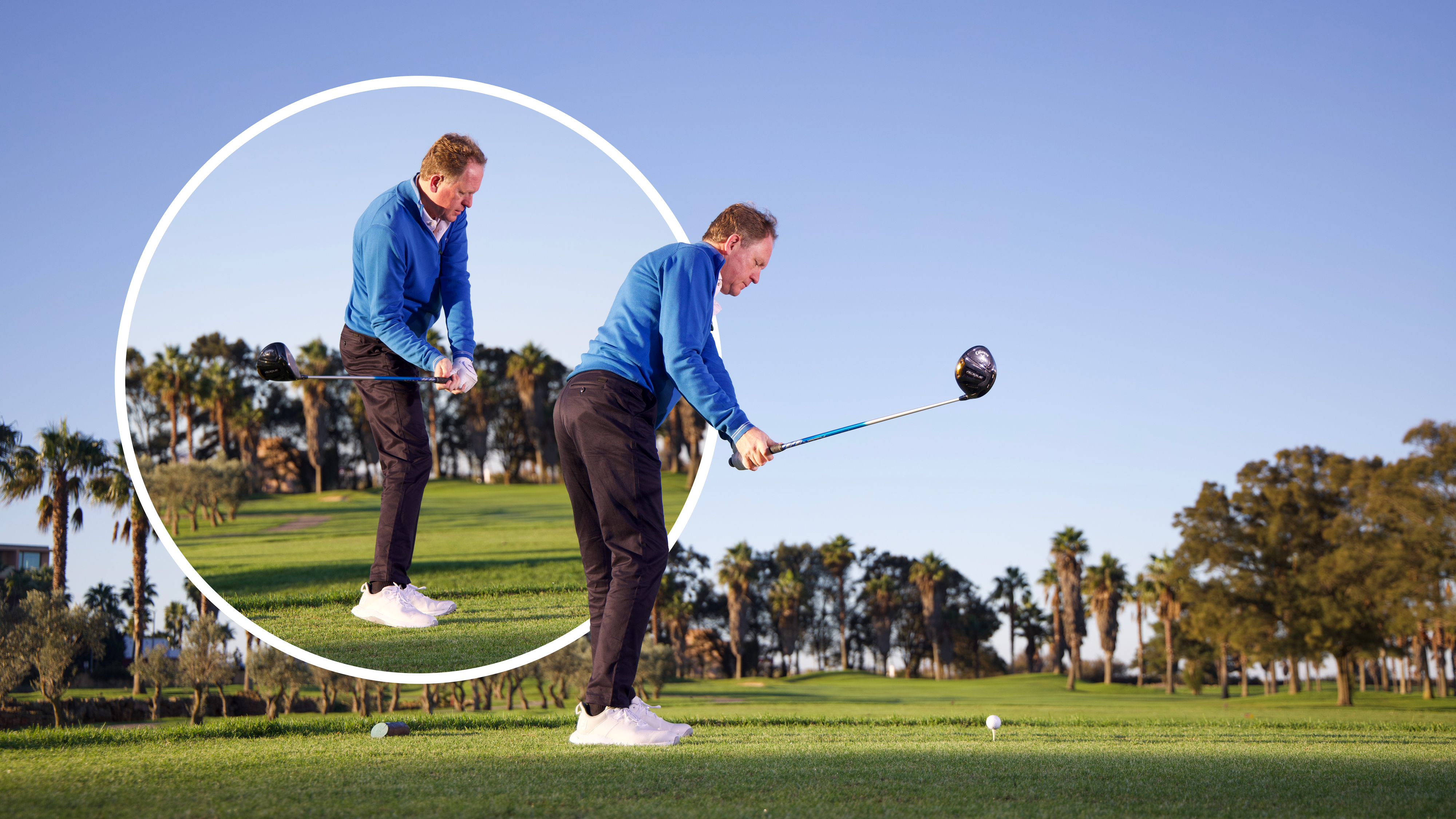 Keith Wood hitting a tee shot with driver with an out to in path that promotes a pull or slice, with an inset image of changing that path with a simple drill