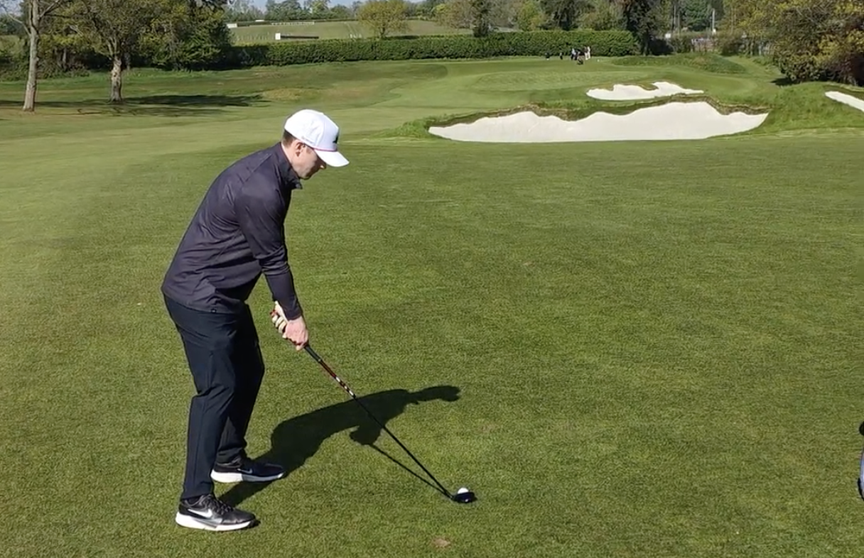 Jonny Leighfield setting up for a lucky push which lands on the right edge of the second green at Tandridge Golf Club during Golf Monthly's Spring/Summer Test Day 2026