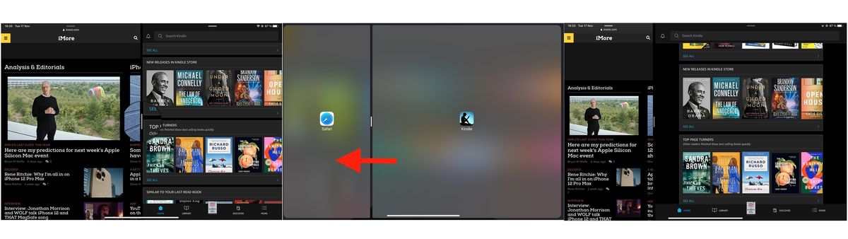 How to reposition an app in Split View: Drag the edit handle tto the left or the right to reposition the Split View window. Release your drag.