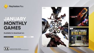 An infographic showing the PS Plus free games for January 2025: Suicide Squad: Kill the Justice League, Need For Speed Most Wanted Remastered, and The Stanley Parable Ultra Deluxe