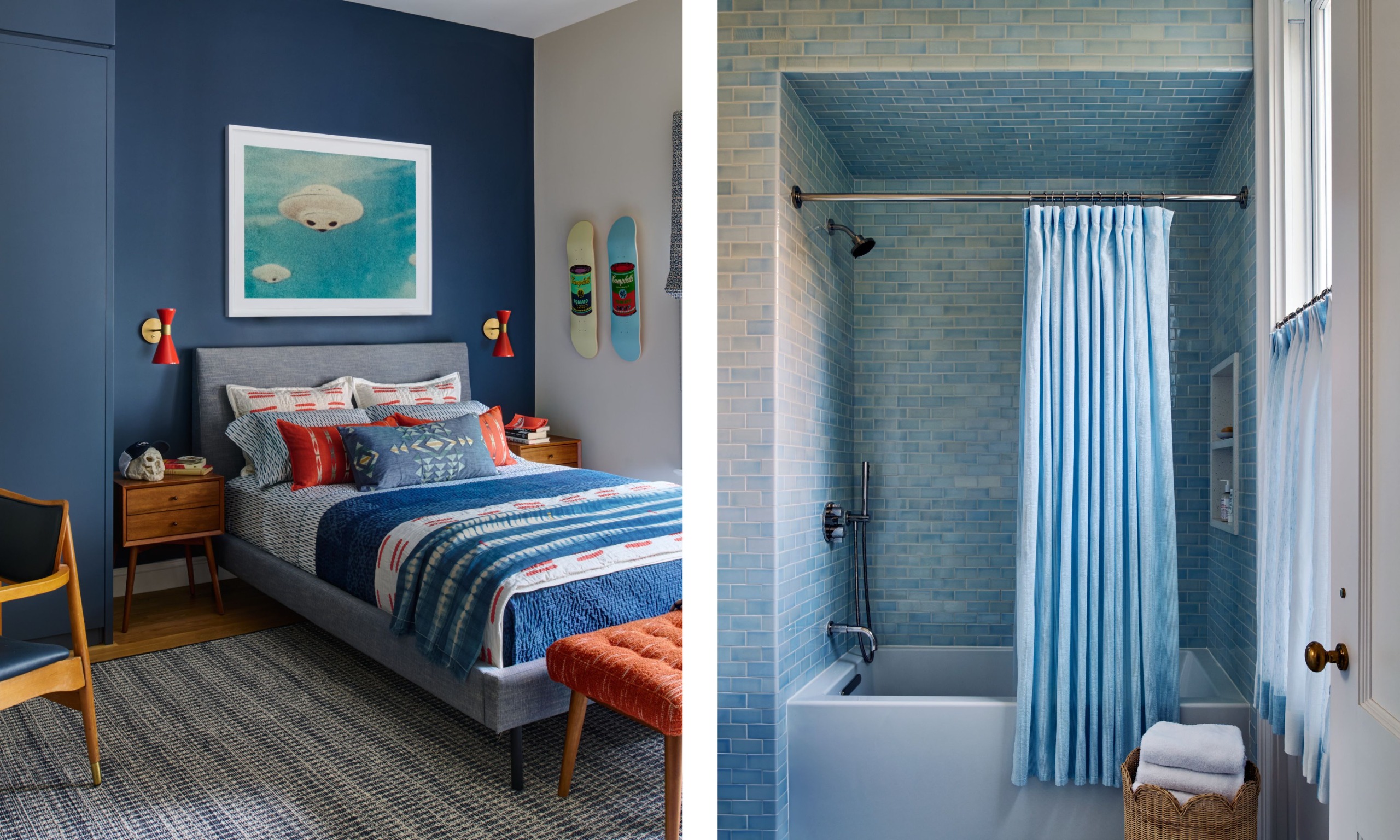 two shots next to each other of a blue bedroom and a blue bathroom