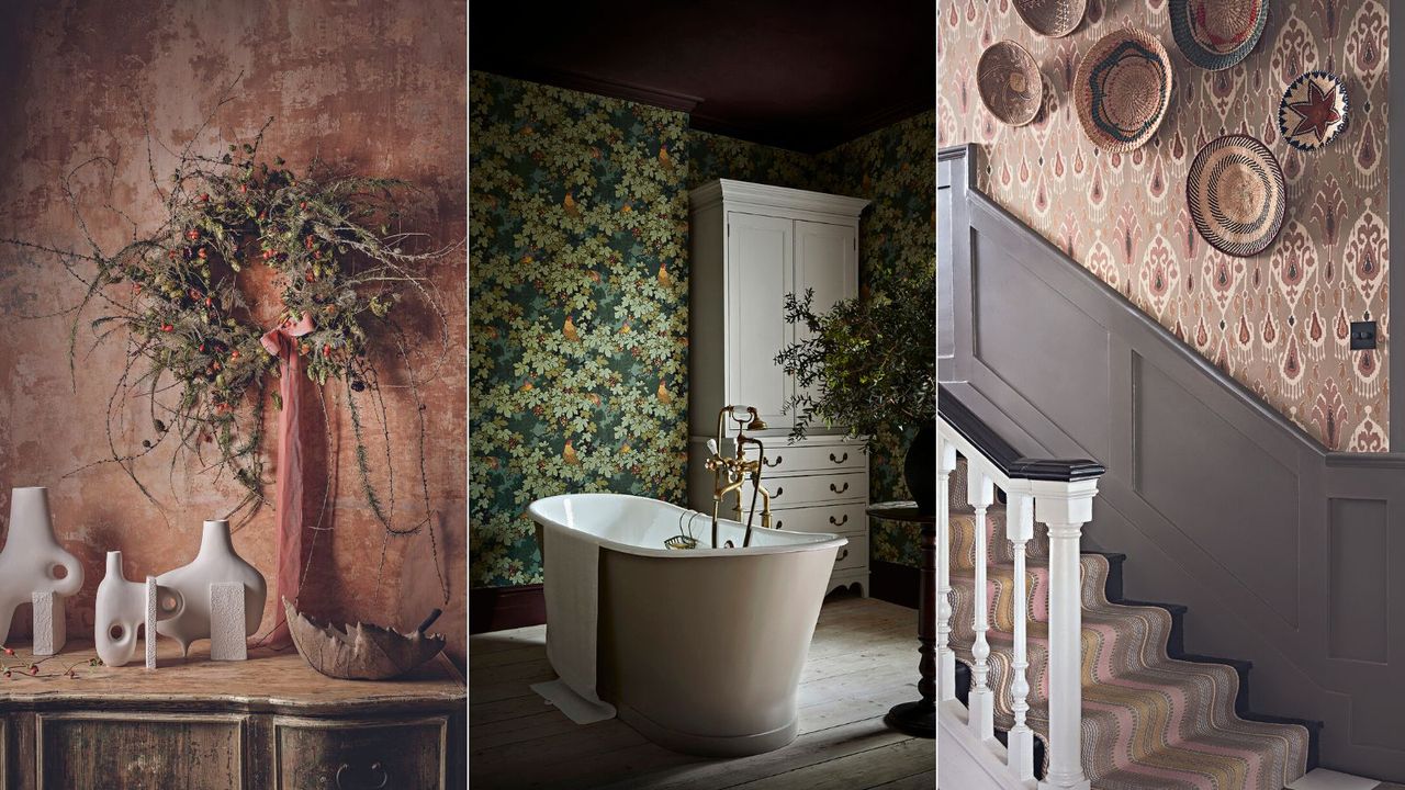 Sideboard with modern vases below a green and red wreath with a red ribbon hanging on the wall above. / Little greene wallpaper in a bathroom in gark green with a free standing white bathtub / Staircase with striped runner, Indian inspired wallpaper and woven basket wall decoration