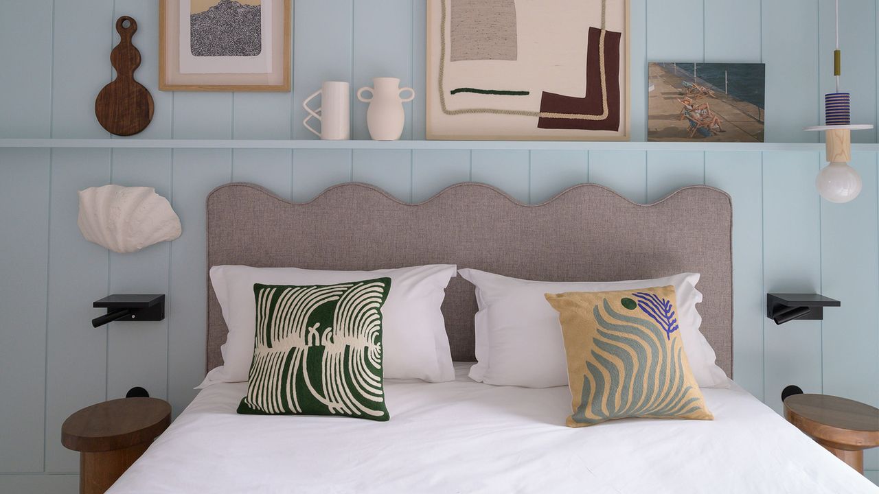 A colourful hotel bedroom interior