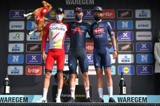 Christophe Laporte, Dylan van Baarle and Tim Merlier on the Dwars door Vlaanderen podium in 2021