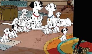 101 Dalmatians Pongo and Perdita watch TV with their puppies