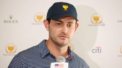 Patrick Cantlay talks to the media before the 2022 Presidents Cup