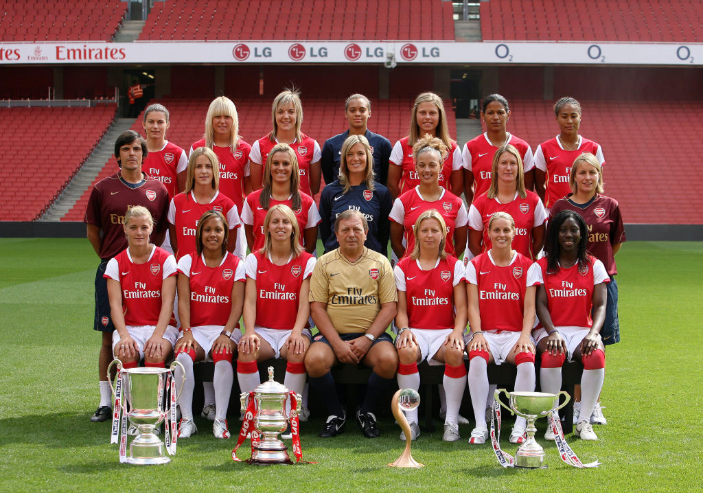 The Arsenal Ladies (Women) team group, Back row (L-R) Karen Carney, Leanne Champ, Gemma Davison, Rebecca Spencer, Gilly Flaherty, Mary Phillip, Rachel Yankey. Middle row (L-R) Physio, Yvonne Tracy, Julie Fleeting, Emma Byrne, Lianne Sanderson, Ciara Grant, Emma Hayes (Assistant Manager). Front row (L-R) Katie Chapman, Alex Scott, Faye White, Vic Akers (Manager), Jayne Ludlow, Kelly Smith and Anita Asante during the Arsenal photocall at Emirates stadium on August 7, 2007 in London, England.