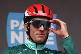 Arkea-B&B Hotels' French rider Arnaud Demare wearing the sprinter's green jersey reacts prior to the 2nd stage of the Paris-Nice cycling race, 183,9 km between Montesson and Bellegarde, on March 10, 2025. (Photo by Anne-Christine POUJOULAT / AFP)