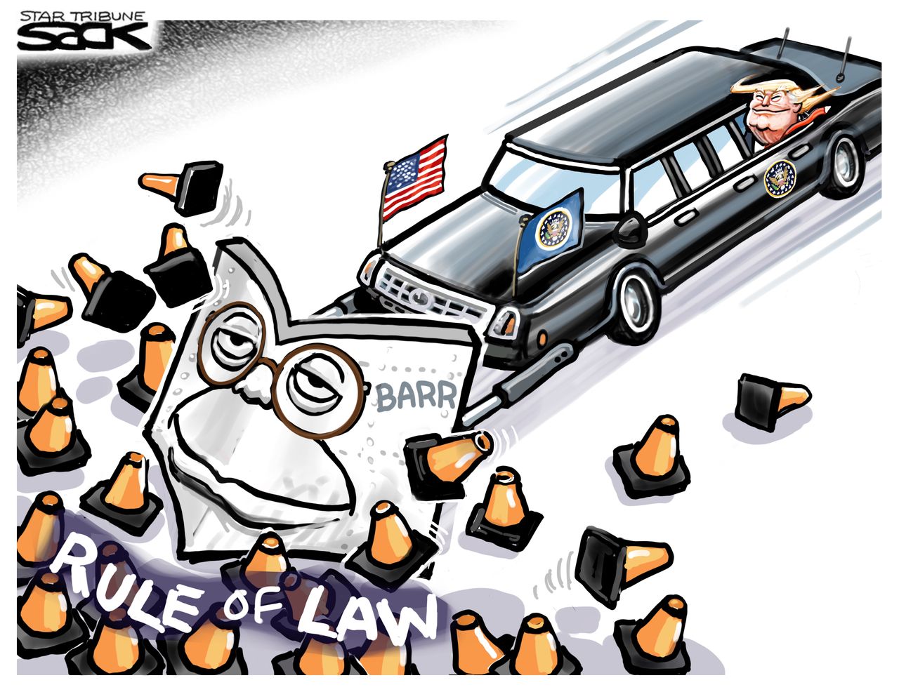 Political Cartoon U.S. Trump Barr plow