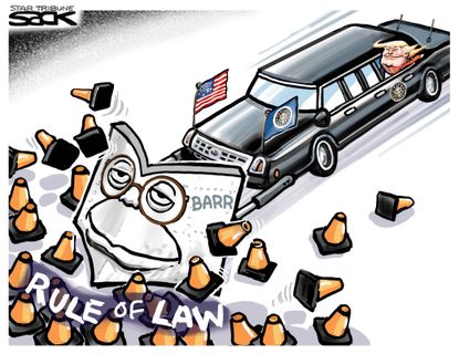 Political Cartoon U.S. Trump Barr plow