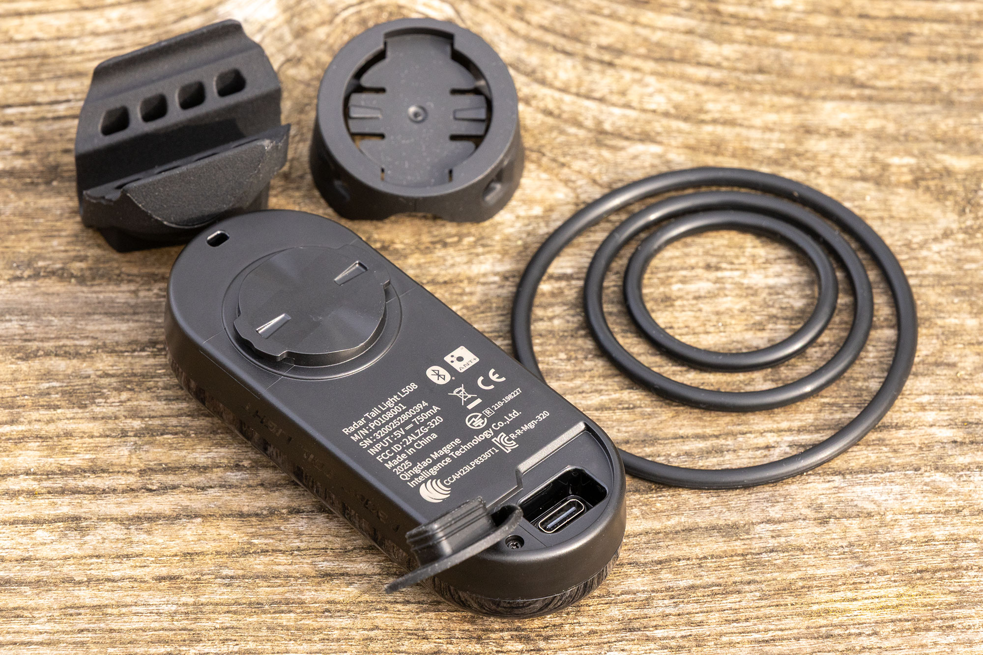 Rear panel of Magene L508 radar, showing USB-C charging point