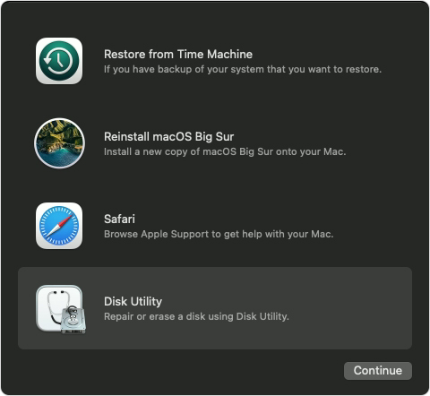 macOS recovery mode choices