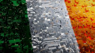 Ireland flag superimposed over a motherboard denoting Irish technology