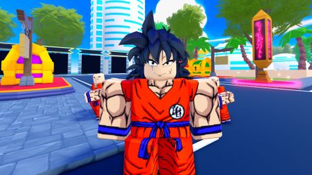 A close up of a Dragon Ball Z inspired avatar from Anime Eternal, a Roblox brawler. 