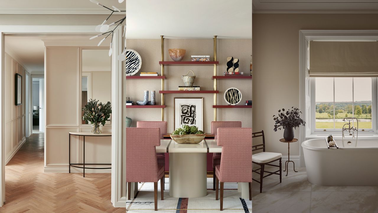 Neutral paint in a hallway dining room and bathroom