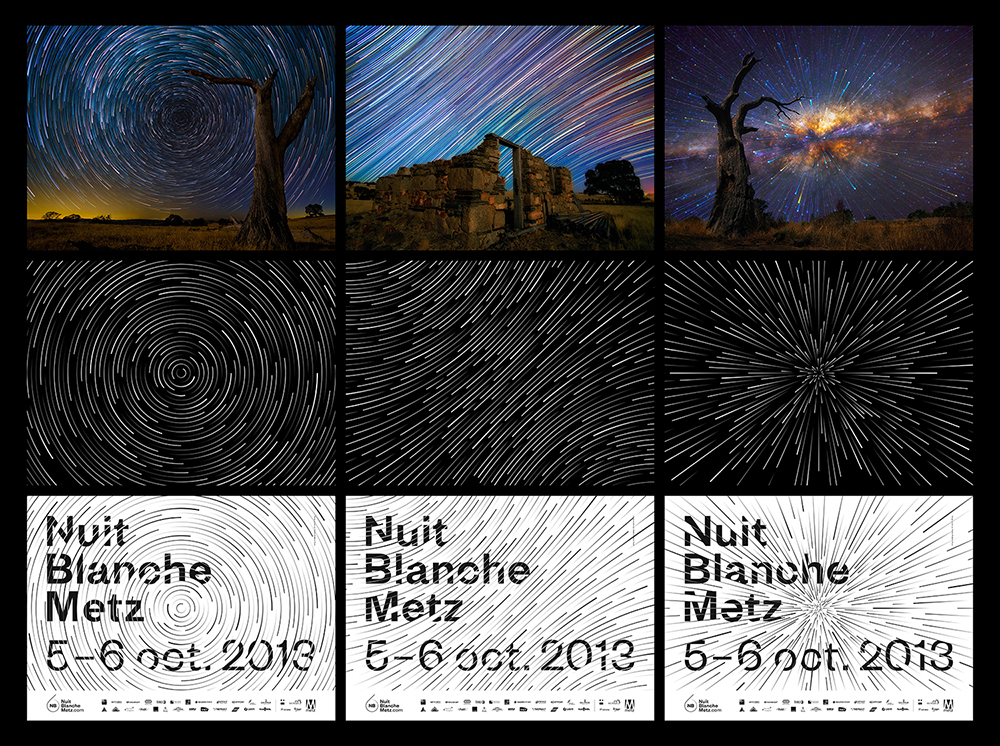Nuit Blanche posters by Frederic Tacer, featuring star trails