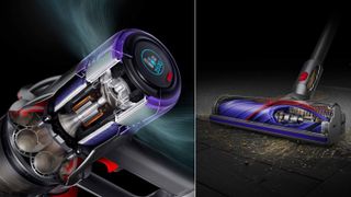 Graphic showing motor and floorhead mechanisms on Dyson Digital Slim cordless vacuum