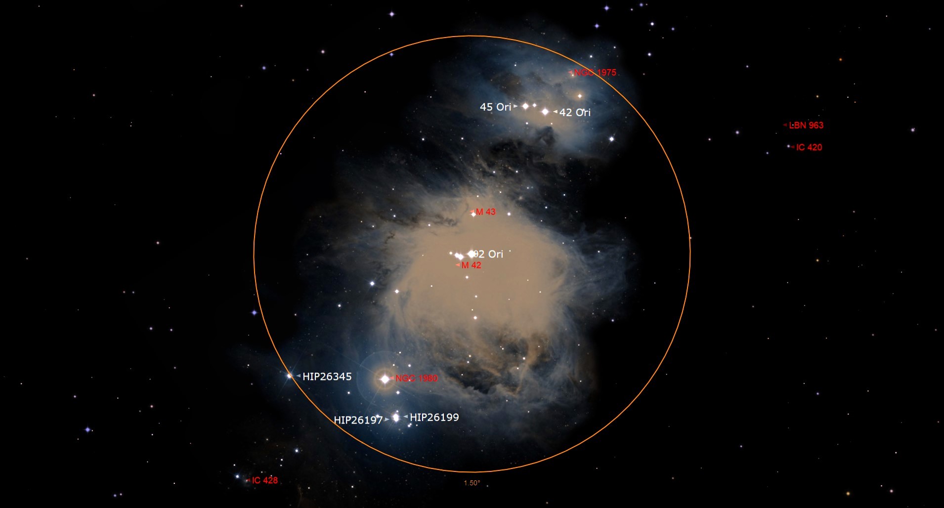 An illustration of the Orion Nebula and surrounding stars.