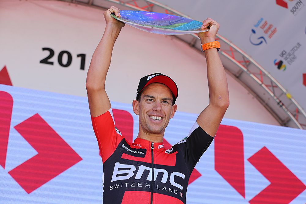 Ricie Porte on the Tour Down Under podium after winning stage 5.