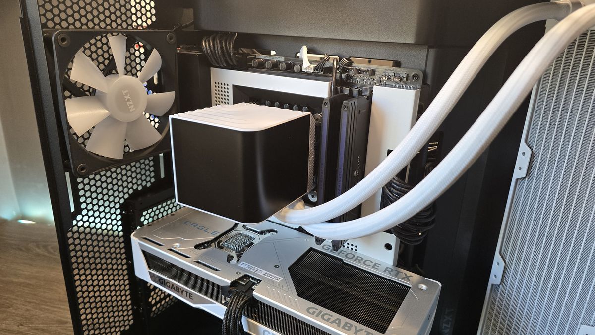 Tryx Panorama 360 liquid cooler installed on a test bench.