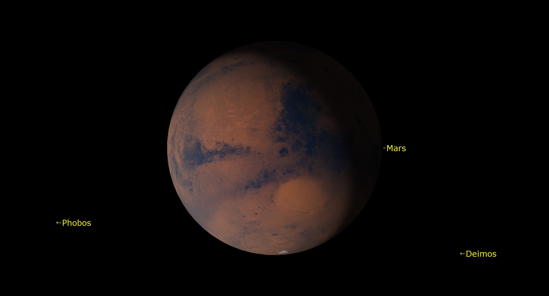 Starry Night Software showing Mars and its two moons Phobos and Deimos.