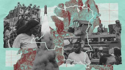 Photo collage of Congolese refugees with military vehicles behind them. In the background, there is a large chunk of copper ore.