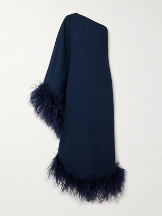Ubud One-Shoulder Feather-Trimmed Crepe Maxi Dress
