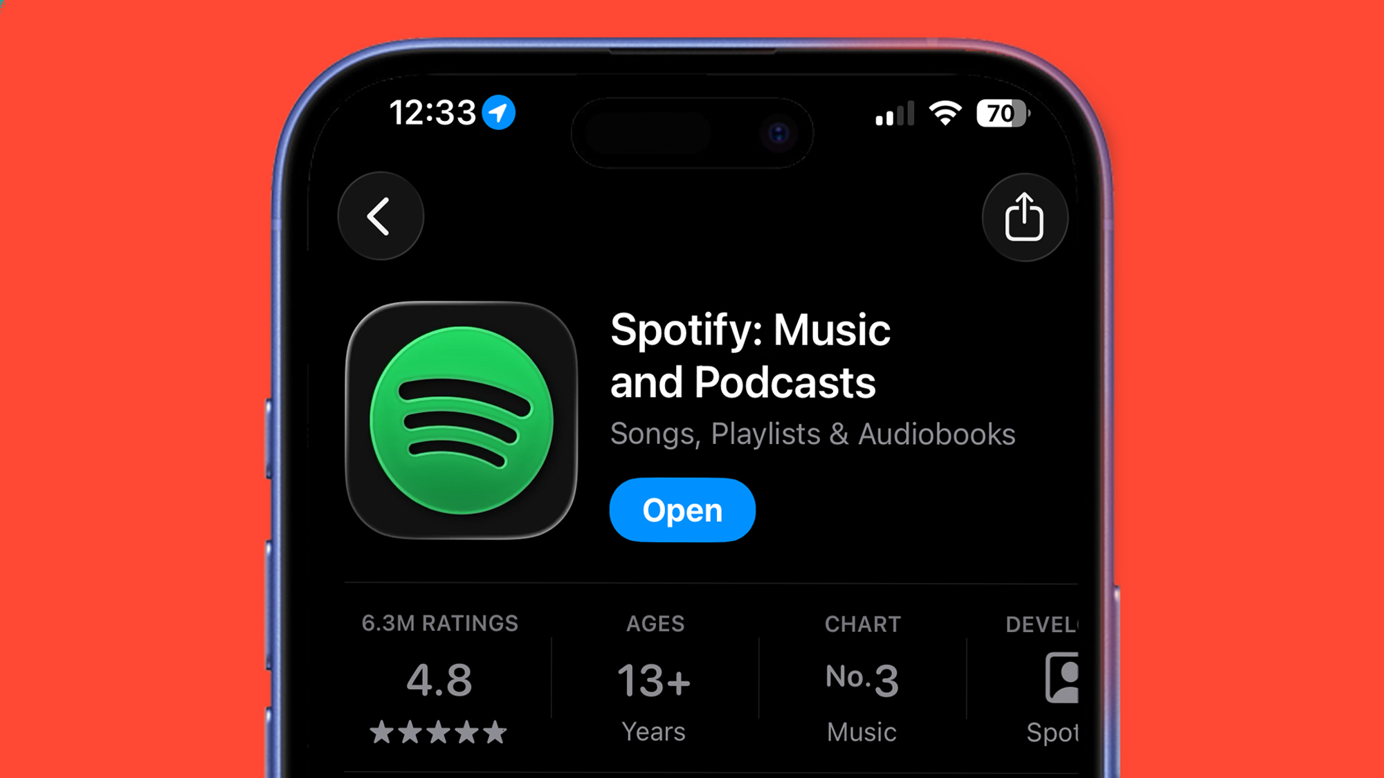 A phone on a red background showing Spotify in the Apple App Store