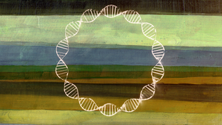 An illustration of a circular DNA helix against a painted background