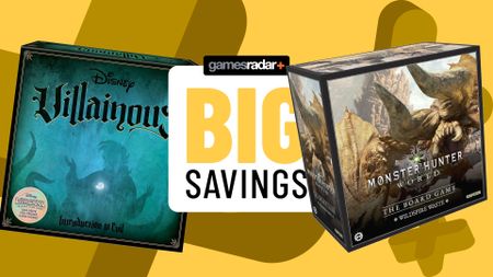 Disney Villainous: Introduction to Evil and Monster Hunter World: The Board Game - Wildspire Waste boxes on either side of a GamesRadar+ 'big savings' badge, all against a yellow background