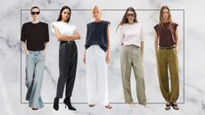 five models wearing different versions of shoulder padded tops