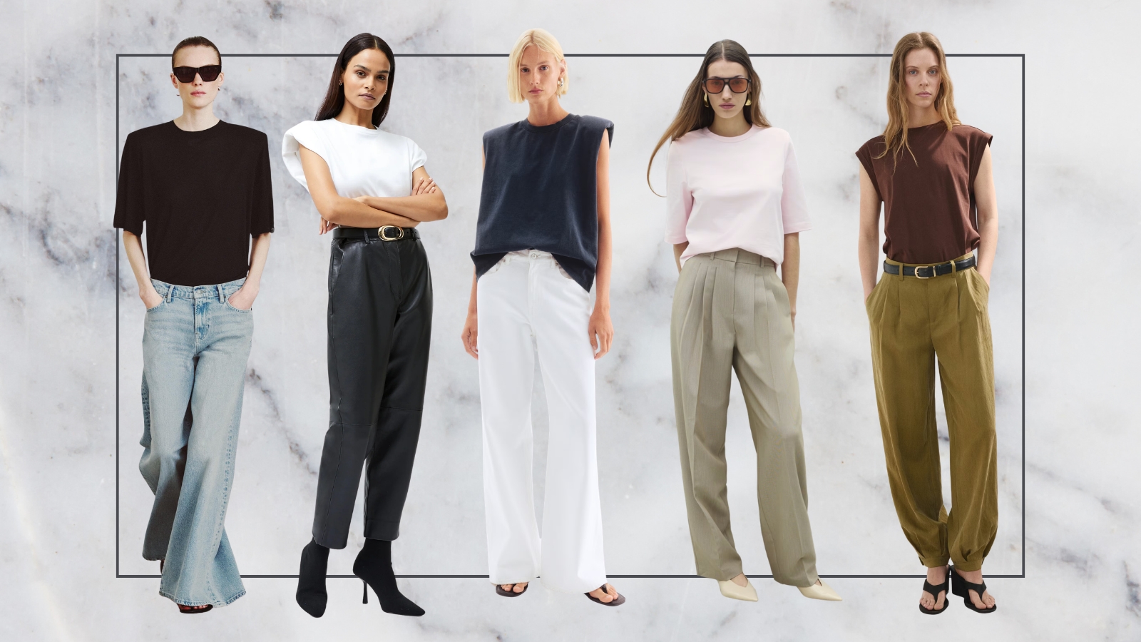 five models wearing different versions of shoulder padded tops